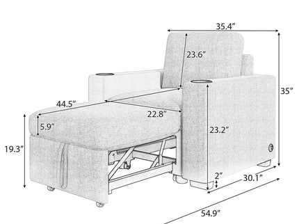 Single Pull Out Sofa Bed With USB Ports And Cup Holders