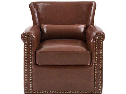 Swivel Accent Chair With Rolled Arm, Sewn Pillow Back, Nailhead Trim For Living Room