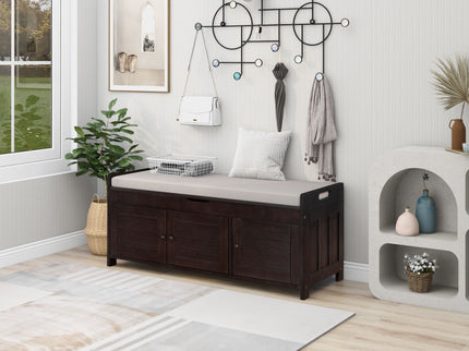 Storage Bench With 3 Shutter-Shaped Doors, Shoe Bench With Removable Cushion And Hidden Storage Space