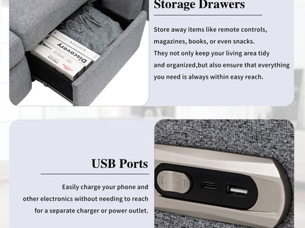 Power Recliner Sectional Sofa Home Theater Reclining Sofa With Two USB Ports, Two Storage Drawers For Living Room