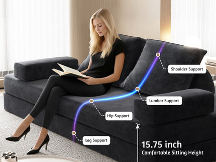 Multifunctional Convertible Sofa Bed With 2 Tumbler Backrests And 2 Pillows, Deep Seat Couch