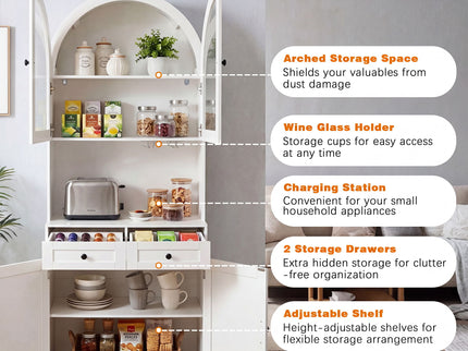 Tall Arched Pantry Cabinet With Charging Station, Adjustable Shelves, Coffee Bar