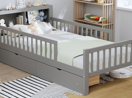 Bed With Headboard Storage Rack, 2 Under Bed Drawers, 3 Side Guardrails For Safety