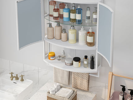 Arched Glass Double Door Wardrobe With Shatterproof Mirror, Open Shelf & Towel Rack