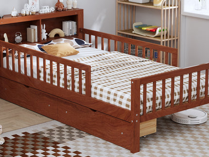 Bed With Headboard Storage Rack, 2 Under Bed Drawers, 3 Side Guardrails For Safety