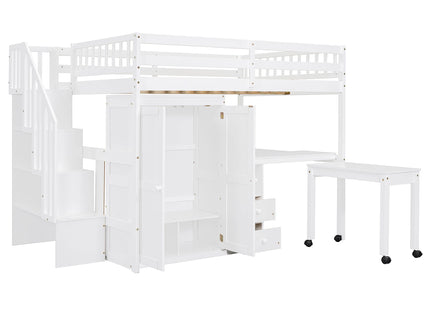 Loft Bed With Stairs, Bookshelf, Drawers, Desk & Wardrobe, Space Saving Multifunctional Furniture