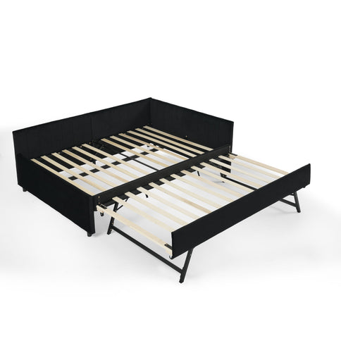 Full Size Upholstered Daybed With Trundle, Tufted Backrest And Armrests - Black