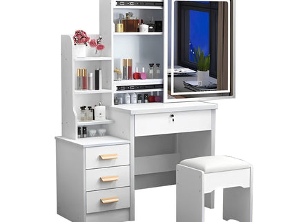 Vanity Desk With Mirror And Lights For Makeup And Chair Set With 3 Adjustable LED Lighting, 4 Drawers - White