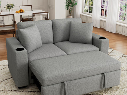Modern 2 Seater Loveseat Sofa With Pull-Out Bed, Fabric, Built-In USB Ports & Cup Holders