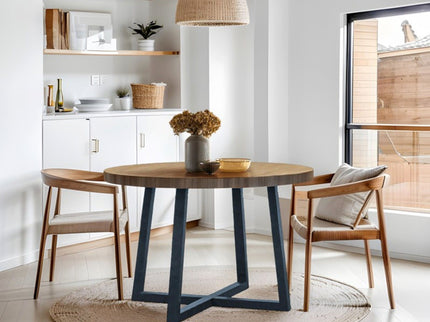 Round Dining Table With Wire Brushed Mindi Top And Mahogany Base - Wheat