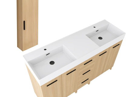 Double Sink Bathroom Vanity Set With Tall Linen Cabinet, 3 Drawers, Extra Large Storage, Integrated Sink, Freestanding Cabinet - Light Oak / White