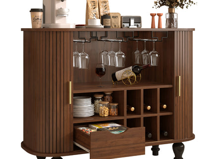 Fluted Liquor & Coffee Bar Cabinet With 6 Wine Racks And 3 Glass Holders