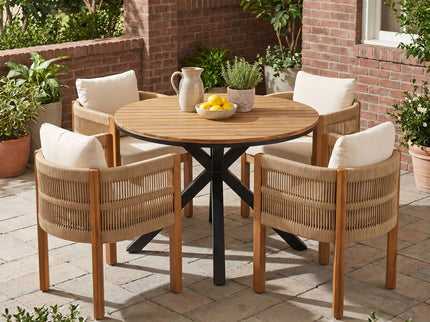 5 Piece Outdoor Dining Set With Round Table And 4 Wrapped Chairs - Black / Brown / Teak