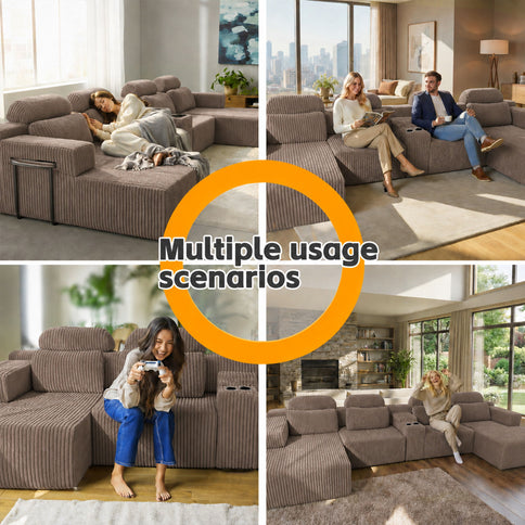 U-Shaped Sectional Sofa With Chaise Lounge And Cup Holders