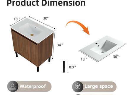 Bathroom Vanity With Ceramic Sink, Floor-Standing Design, Soft-Closing Drawers