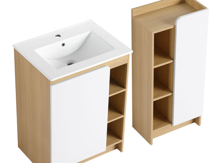 24" Bathroom Vanity With Sink & Side Cabinet, Vanity Set With Thin Edge Sink & Interchangeable Door Panels, Bathroom Storage - Black / Light Oak / White