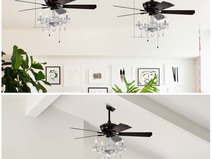 52" Crystal Shade Ceiling Fan Lamp, 3 Speed, 4 Timing, 5 Reversible Blades Crystal Ceiling Fan, 5 Pieces X E12 (No Include Bulb), Hand Pull Chain - Matte Black