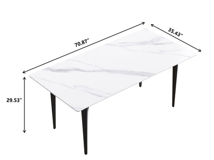 70.87" Modern Artificial Stone White Straight Edge Black Metal Leg Dining Table, Can Accommodate 6-8 People - White / Black