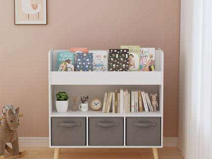 Bookshelf With 3 Bins, Storage Shelf For Toys And Books - White