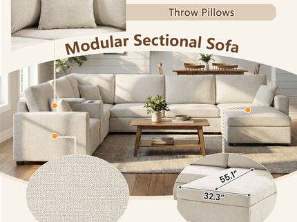 Modular 5 Seat U-Shape Sectional Sofa With Chaise Lounge, Built In Cup Holders And Storage Drawer