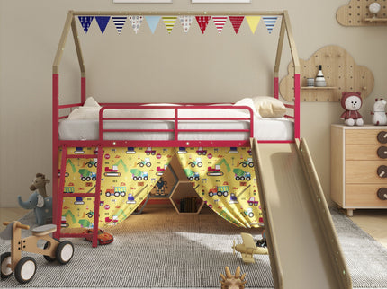 Jack - House Loft Bed With Slide And Curtain Set