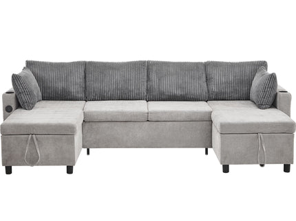 Sectional Sofa Bed With Pull Out Sleeper, USB Ports, Cup Holders