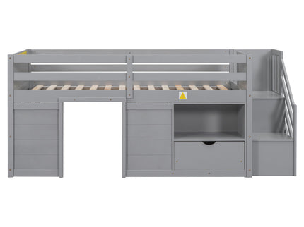 Low Loft Bed With Stair, Drawer, And Shelf