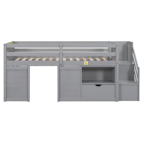 Low Loft Bed With Stair, Drawer, And Shelf