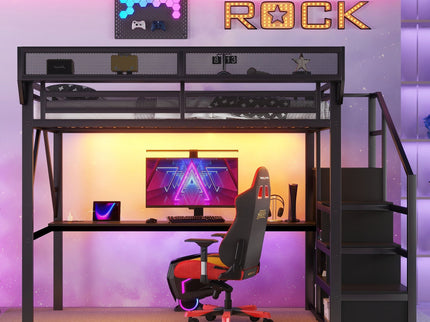 Loft Bed With Desk And Charging Station With Stairs And Light
