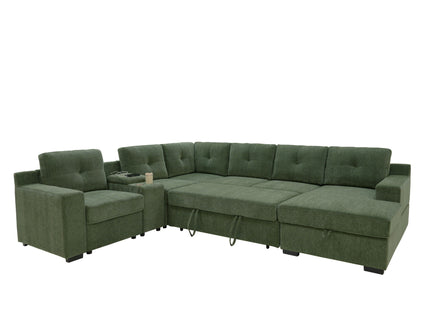 U - Shape Sectional Pull Out Bed With Console, Storage, And USB Charging