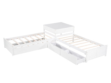 L Shaped Platform Bed With Trundle And Drawers Linked With Built In Desk