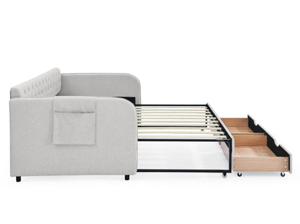 Daybed With Trundle And Storage Drawers, Flat Arms With Pocket