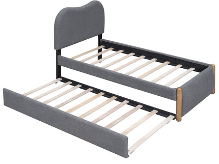 Upholstered Platform Bed With Wood Supporting Feet And Trundle