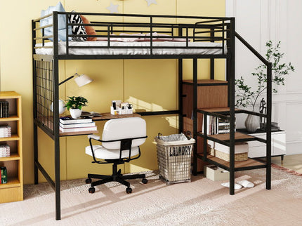 Loft Bed With Desk And Grid, Stylish Frame With Lateral Storage Ladder And Wardrobe