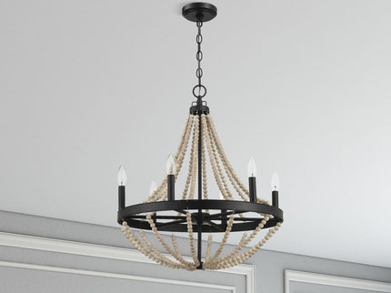 Starry - Chandelier 6 Candle Light Wood Beaded Pendant Light For Dining Room - Black / Clear