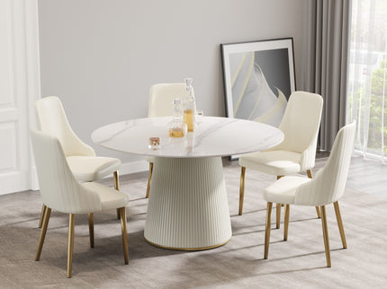 Modern Artificial Stone Round Plywood Base Dining Table, Can Accommodate 6 People, (Not Including Chairs) - White / Beige