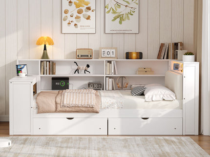 Platform Bed With Storage Shelves, Drawers, Charging Station, LED, Desk