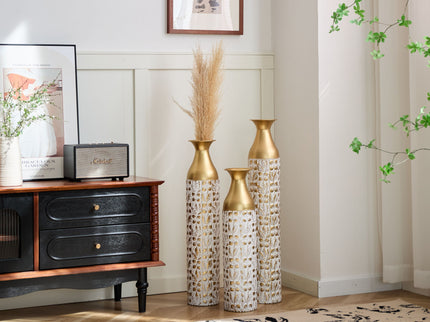 Mother's Day Gift Set Gilded White 3D Relief Flower Metal Vase Set - White / Gold
