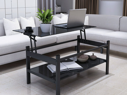 Glass Lift Top Coffee Table, Modern Simple 2-Layer Tempered Glass Coffee Table For Living Room - Black