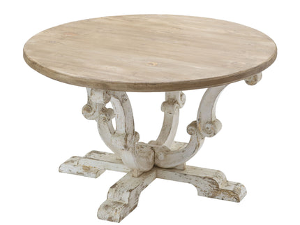 Round Wooden Coffee Table With Distressed Scrollwork Legs - Multicolor