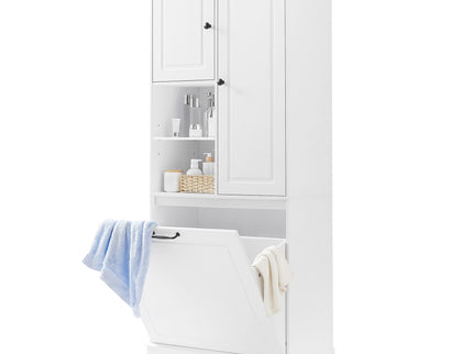 Modern Tall Storage Cabinet With Adjustable Shelves, Flip-Out Basket & Enclosed Doors