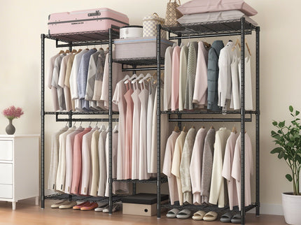Heavy Duty Garment Rack With 8 Adjustable Wire Shelves And 5 Clothes Rails, Freestanding Closet Organizer Metal - Black