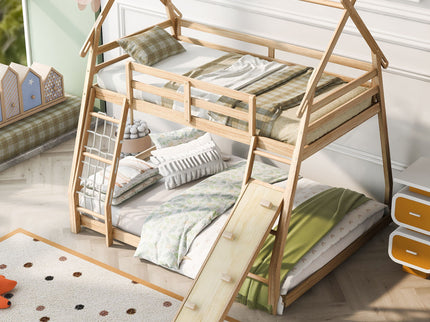 Twin Over Queen House Bunk Bed With Climbing Nets And Climbing Ramp