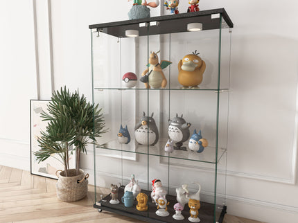 Modern Display Cabinet With LED Lights, Transparent Tempered Glass 2 Door Storage Case With 3 Shelves