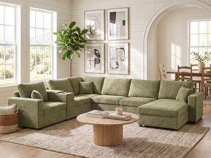 Modular 5 Seat U-Shape Sectional Sofa With Chaise Lounge, Built In Cup Holders And Storage Drawer