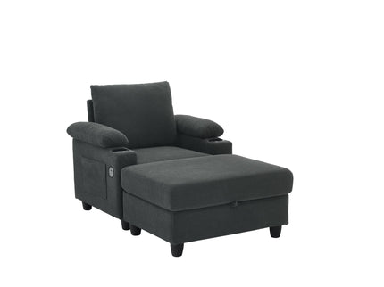Accent Chair With Storage Ottoman, Reclining Single Chaise Lounge With Cupholders And USB, C Ports