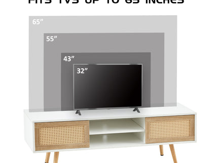 55.12" Rattan TV Cabinet, Double Sliding Doors For Storage, Adjustable Shelf, Solid Wood Legs, TV Console For Living Room