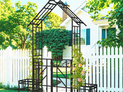 Garden Arch With Gate With Planter, Climbing Plants Support Outdoor - Black