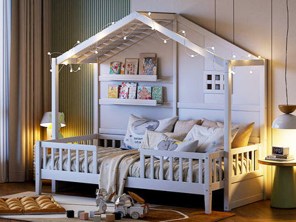 House Bed With Shelves, Window And Sparkling Light Strip On The Roof