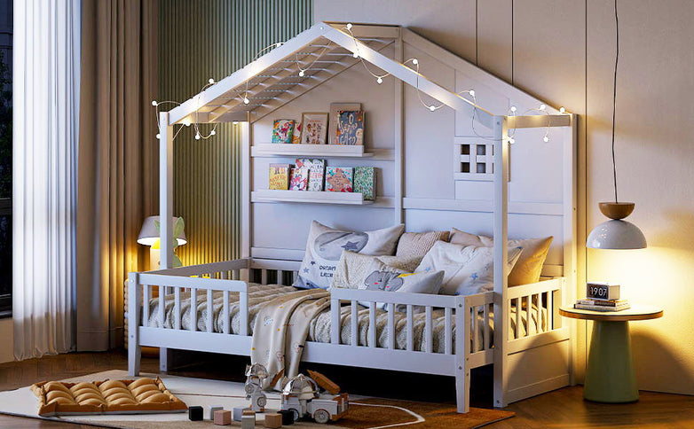 House Bed With Shelves, Window And Sparkling Light Strip On The Roof